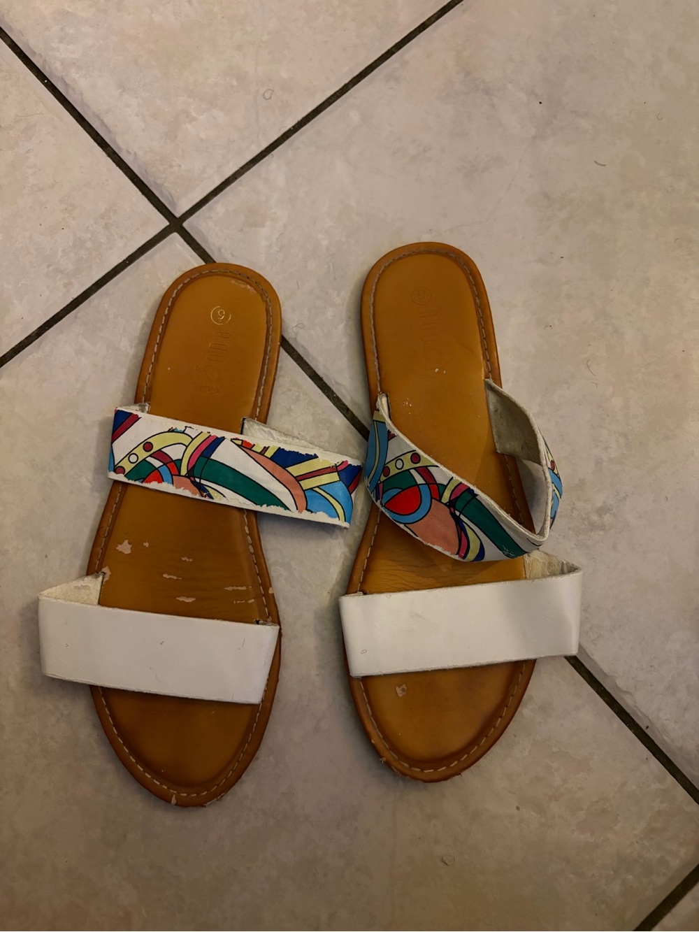 White Slide Sandals with Multicolor Strap